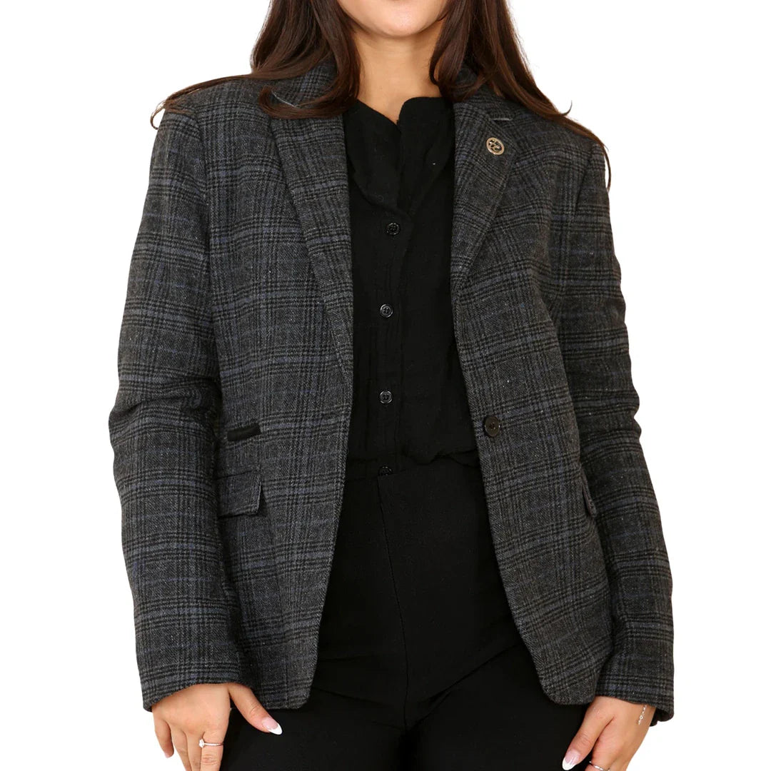 Blazer en tweed à carreaux gris pour femme