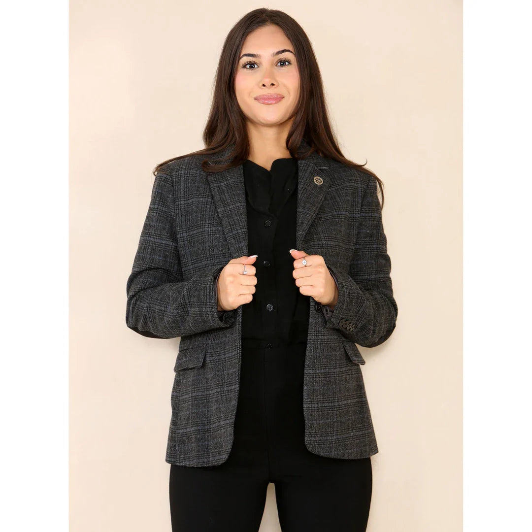 Blazer en tweed à carreaux gris pour femme