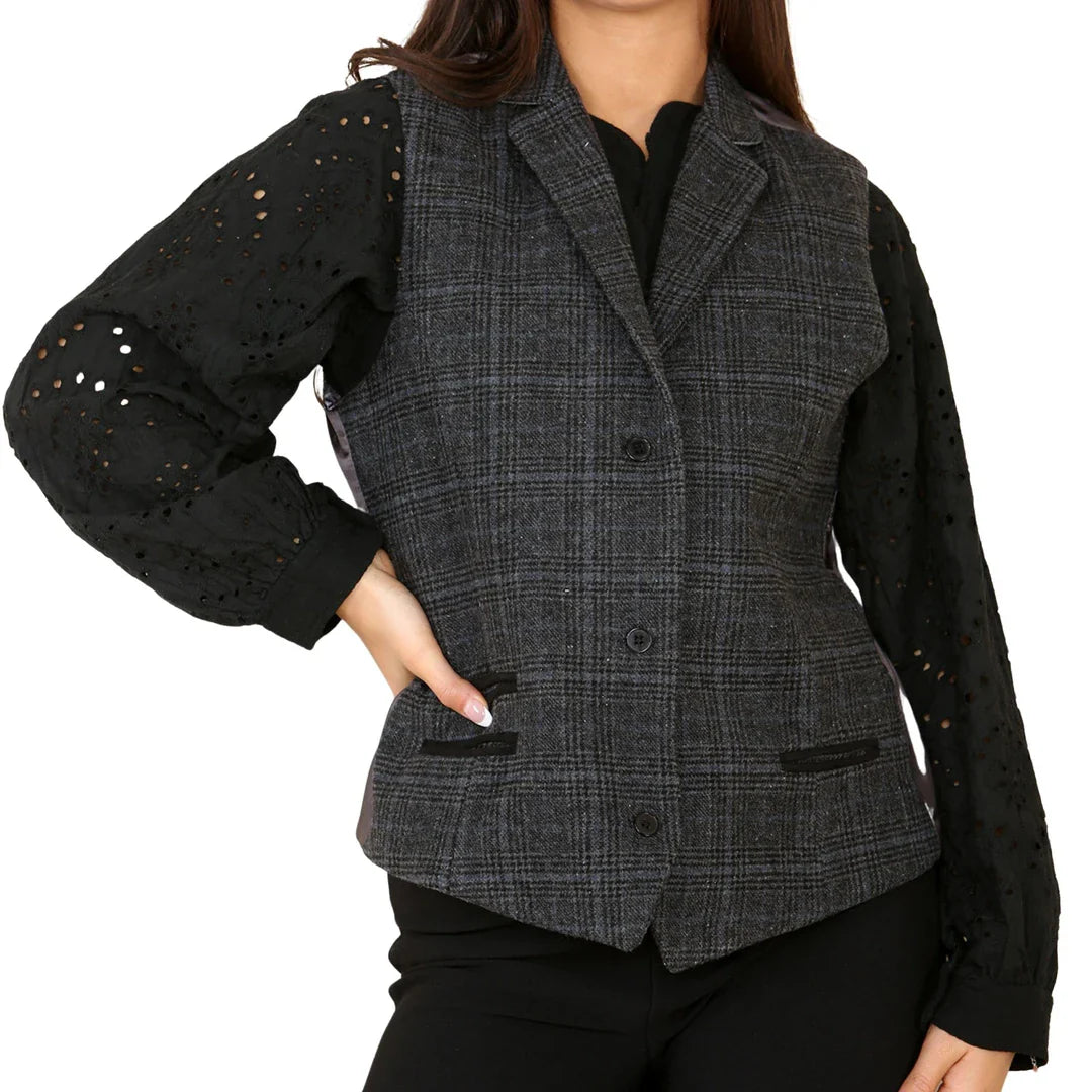 Gilet en tweed à carreaux gris pour femme