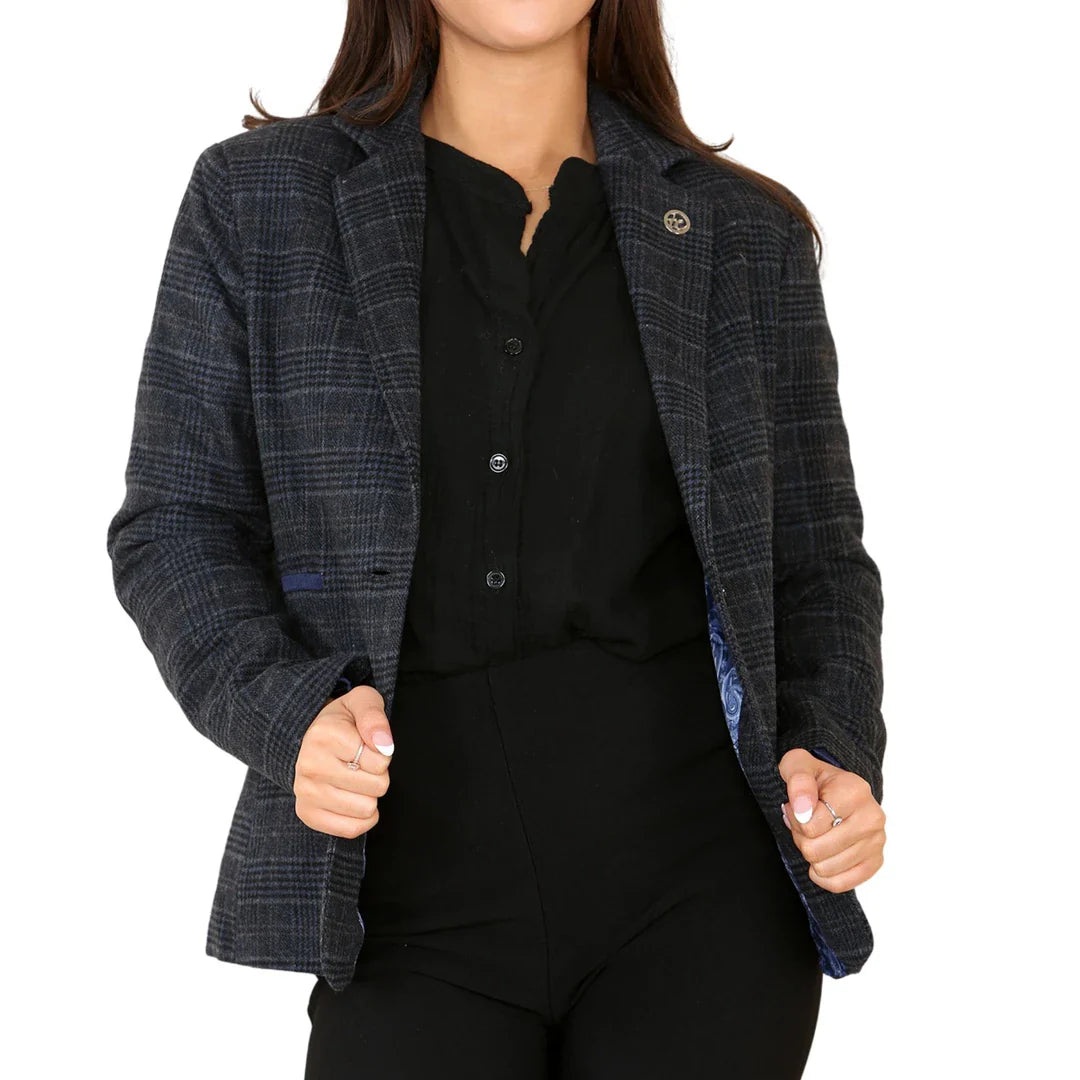 Blazer bleu à carreaux en tweed pour femme