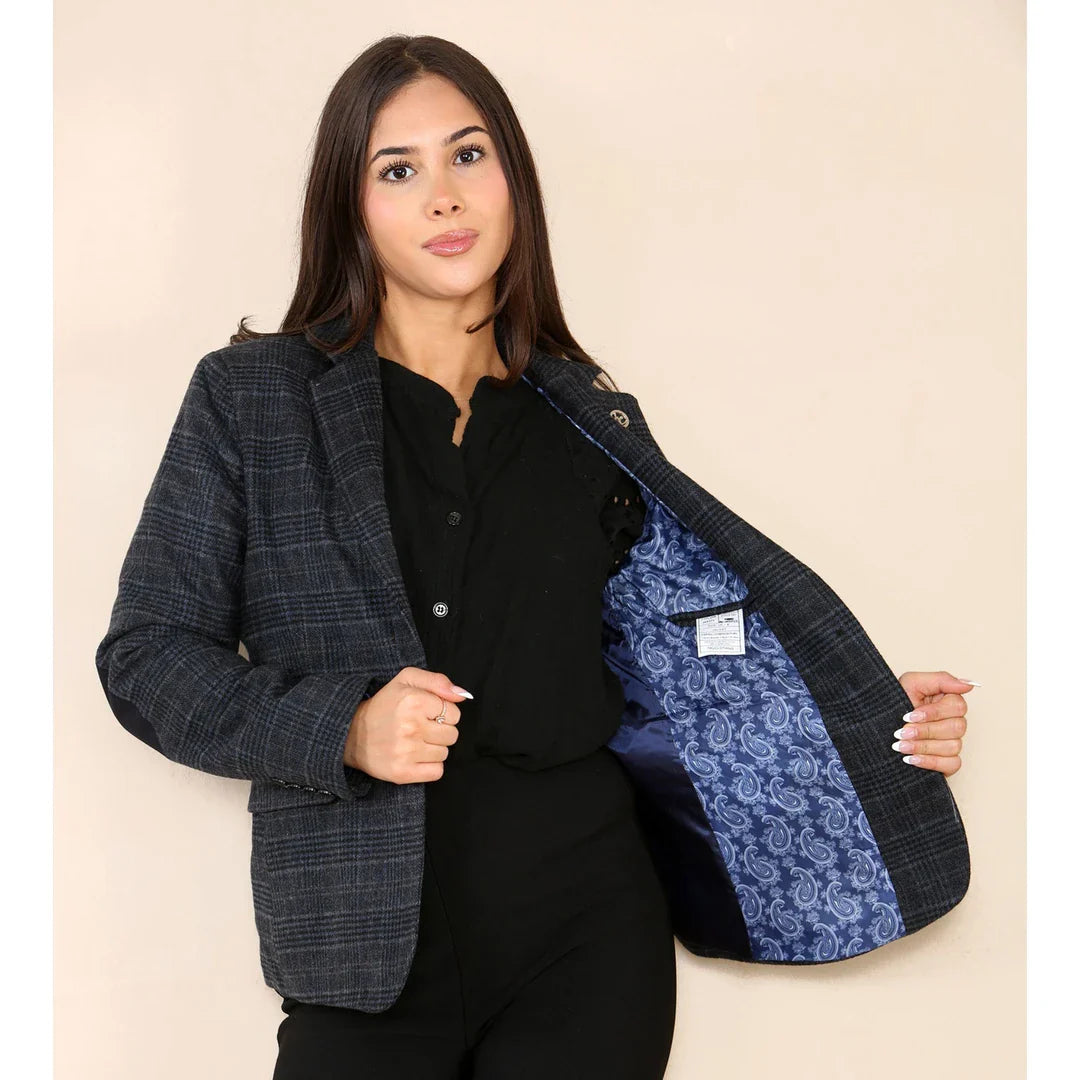 Blazer bleu à carreaux en tweed pour femme