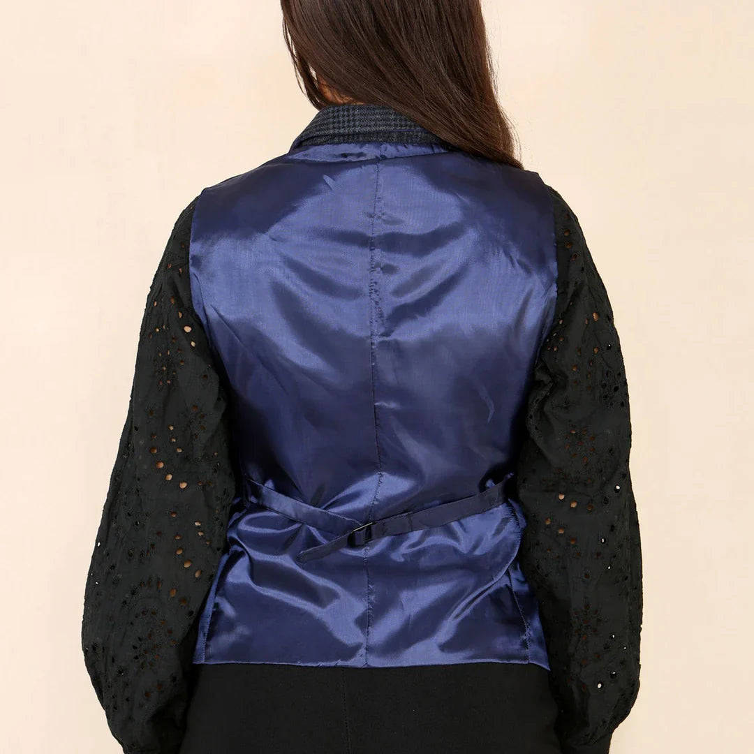 Gilet en tweed à carreaux pour femme, tailleur bleu