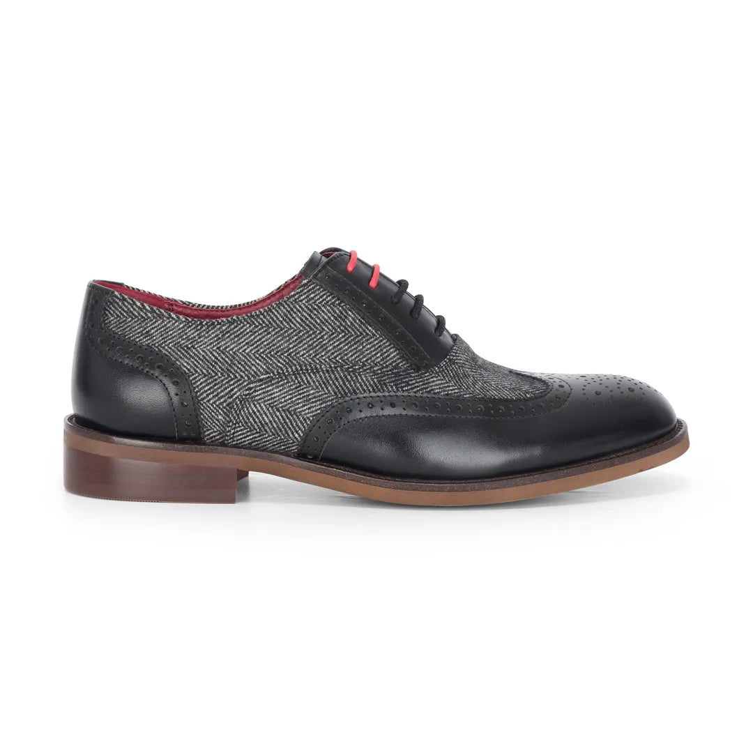Albert - Chaussures brogues pour homme en cuir noir et tweed avec détails, style brogue
