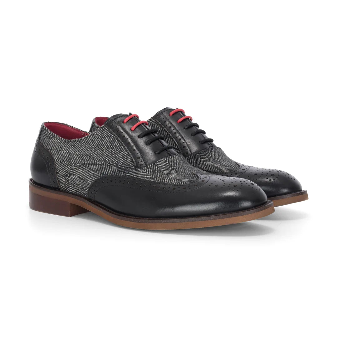 Albert - Chaussures brogues pour homme en cuir noir et tweed avec détails, style brogue