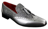 Mens Smart Party Shiny Tassle Shoes Red Silver Black Slip On Patent Leather