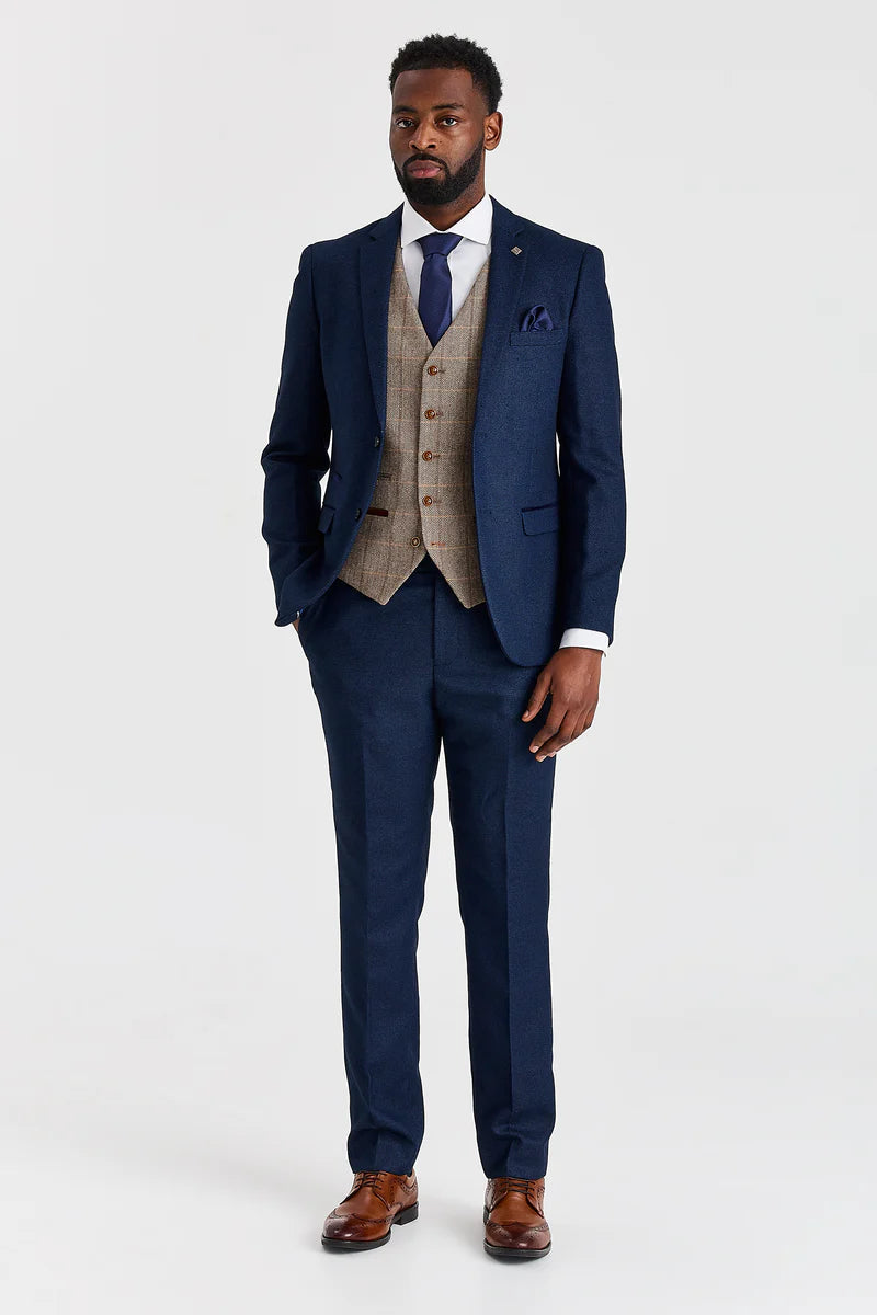 Costume Arthur Navy avec gilet contrastant en tweed marron Harris