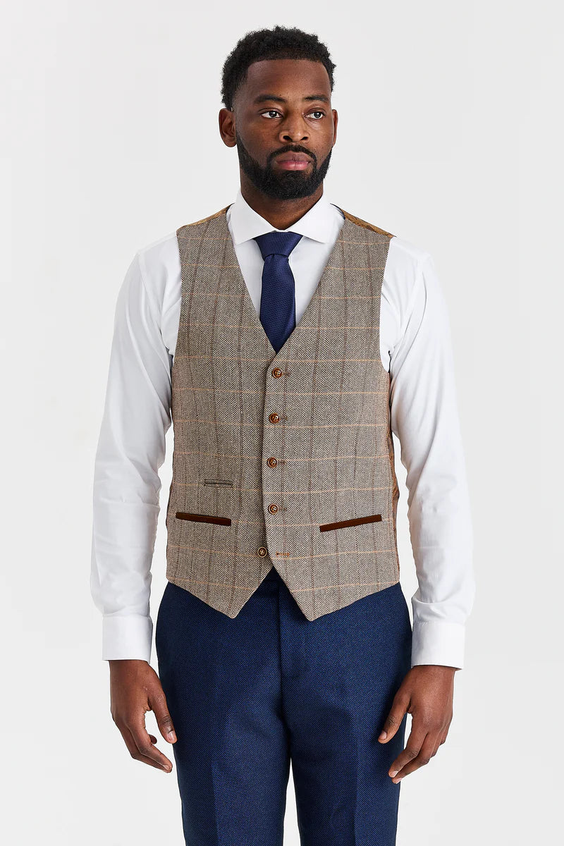 Costume Arthur Navy avec gilet contrastant en tweed marron Harris