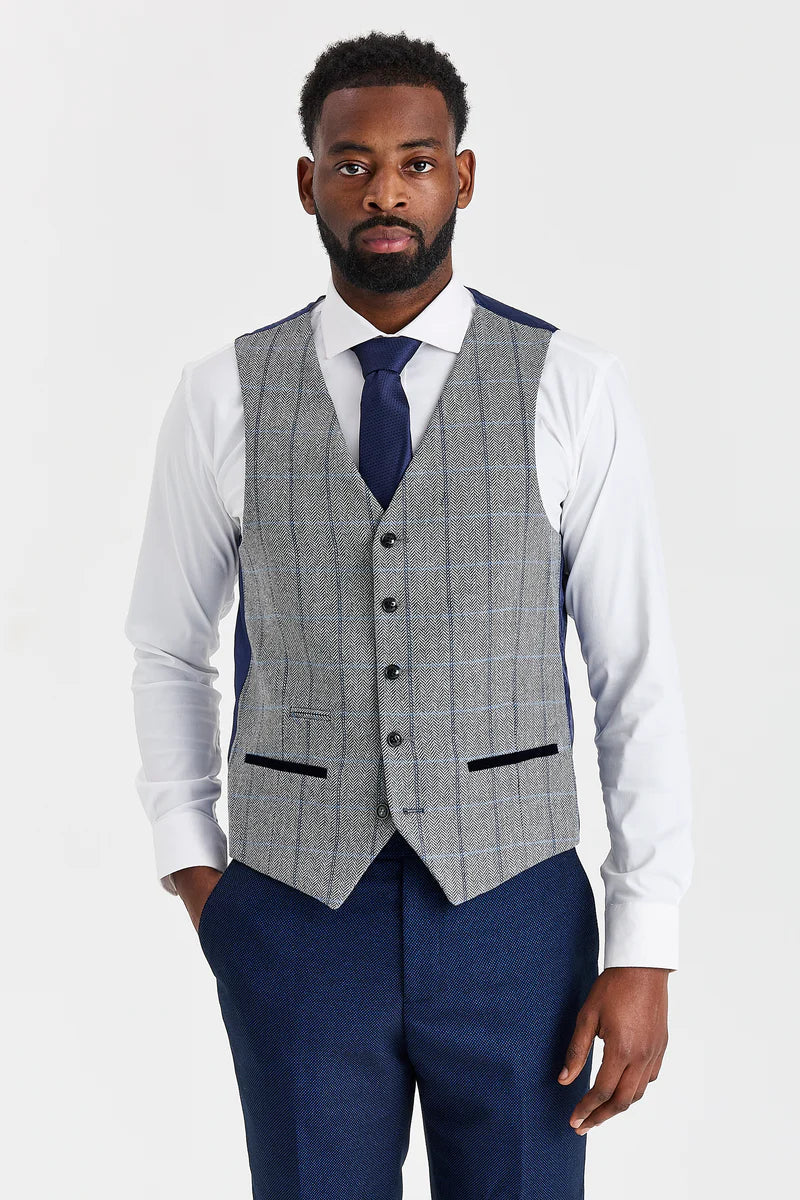 Costume Arthur Navy avec gilet contrastant en tweed gris Harris