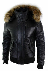 Mens Real Fur Hood Bomber Leather Jacket Black Puffer Padded-Black