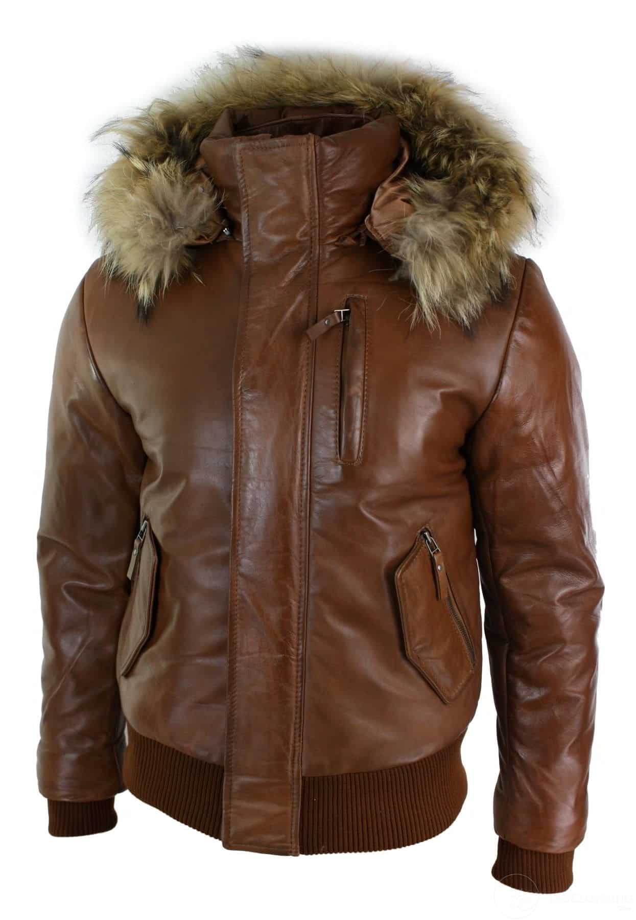 Mens Real Fur Hood Bomber Leather Jacket Black Puffer Padded-Tan