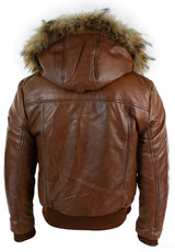 Mens Real Fur Hood Bomber Leather Jacket Black Puffer Padded-Tan