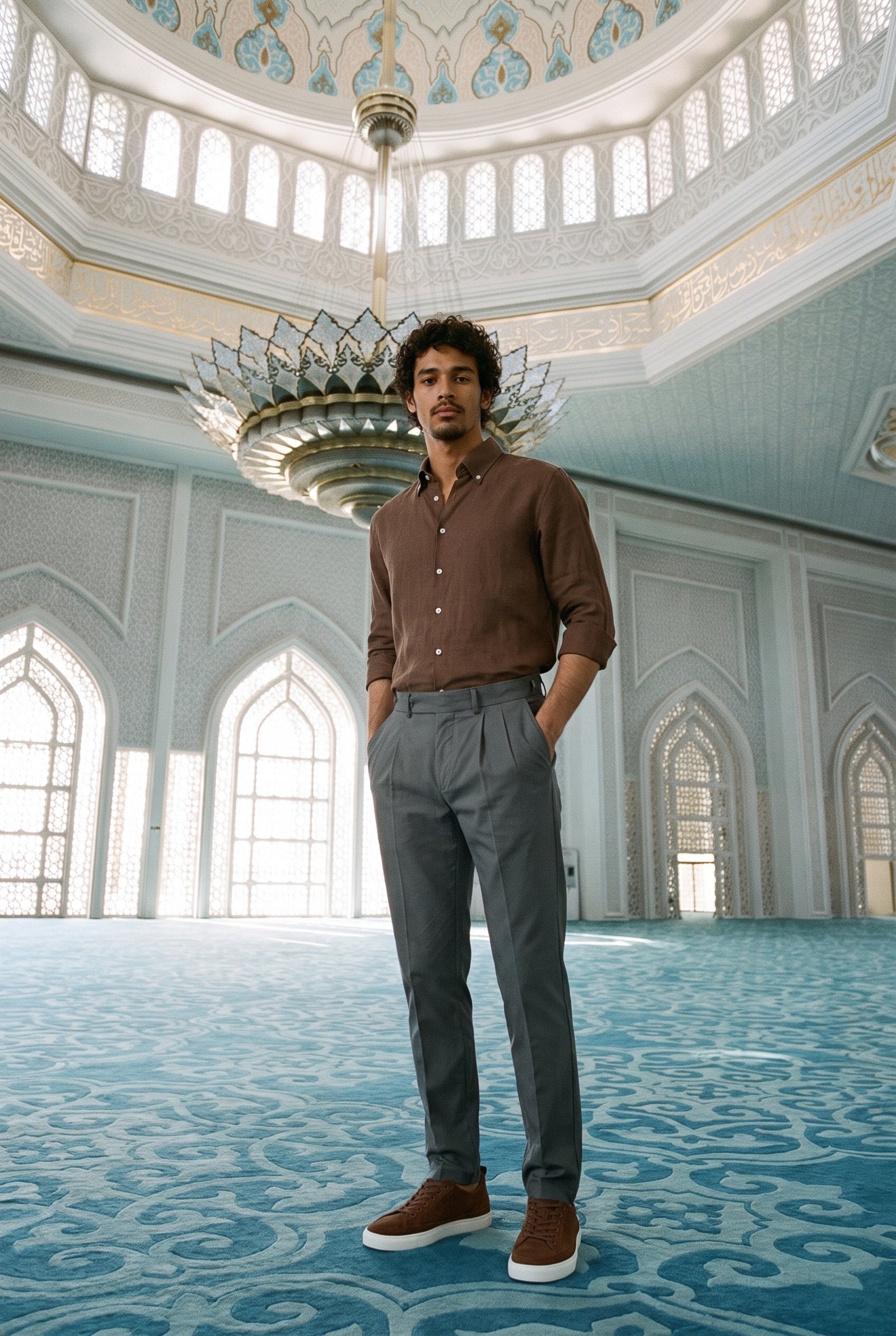 Look #1021 styled with Chemise d'été à manches longues en pur lin marron foncé pour homme
