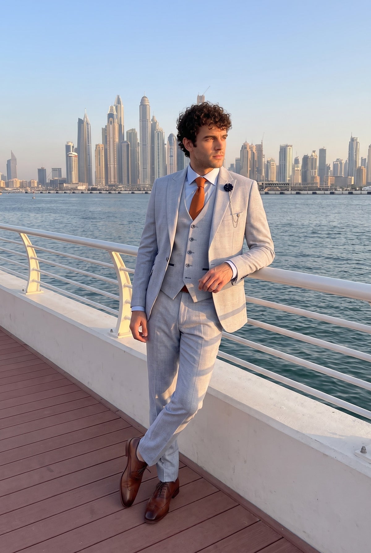 Look #1008 styled with Costume trois pièces à carreaux pour homme, en tweed bleu clair, coupe ajustée, style Peaky Classic, idéal pour un mariage.