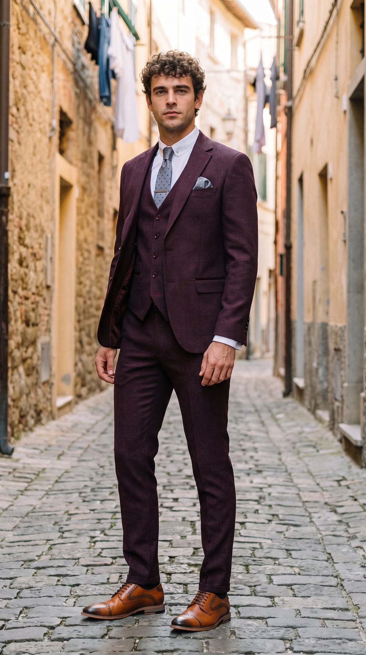 Look #310 styled with Regent - Costume trois pièces à carreaux Prince de Galles pour homme, couleur vin