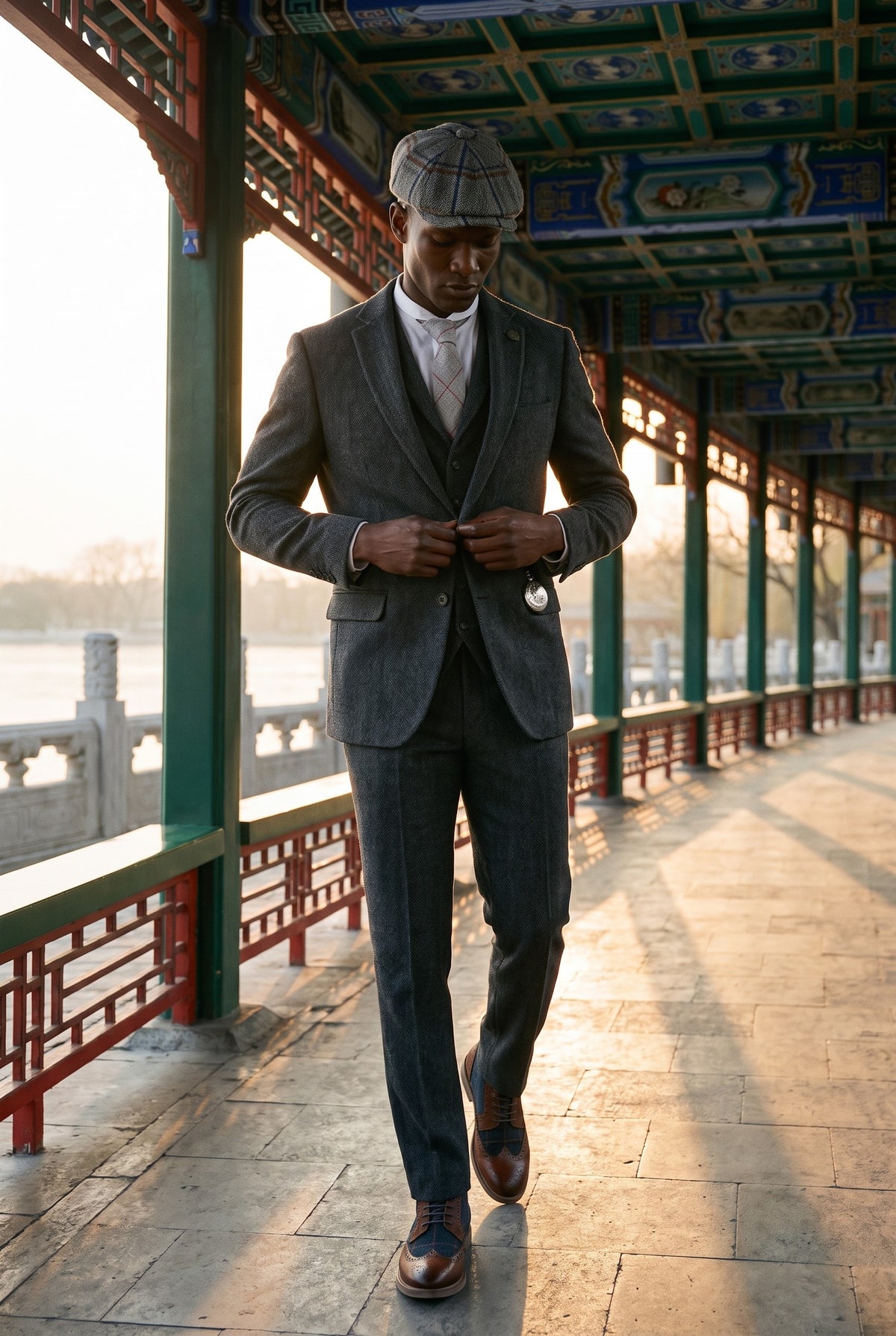 Look #881 styled with Costume trois pièces en tweed à chevrons gris anthracite pour homme - STZ11