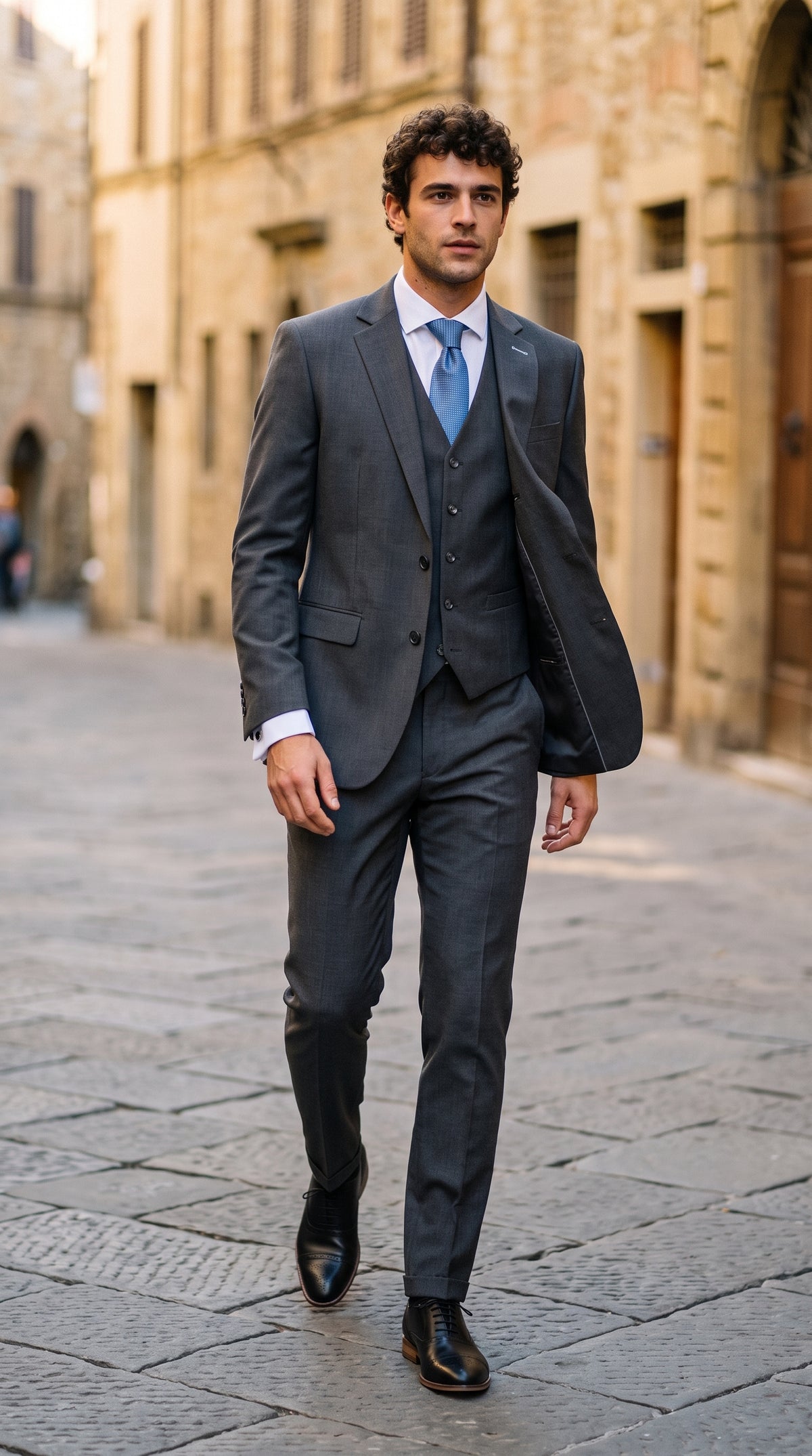 Look #824 styled with Costume trois pièces pour homme Bond, gris anthracite, coupe ajustée