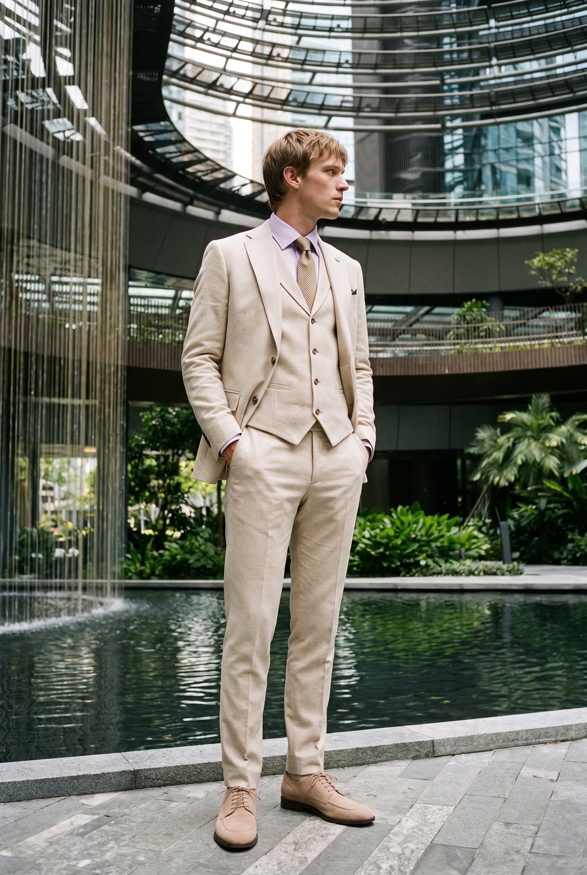 Look #948 styled with Costume de mariage d'été 3 pièces en lin beige pour homme TP-21