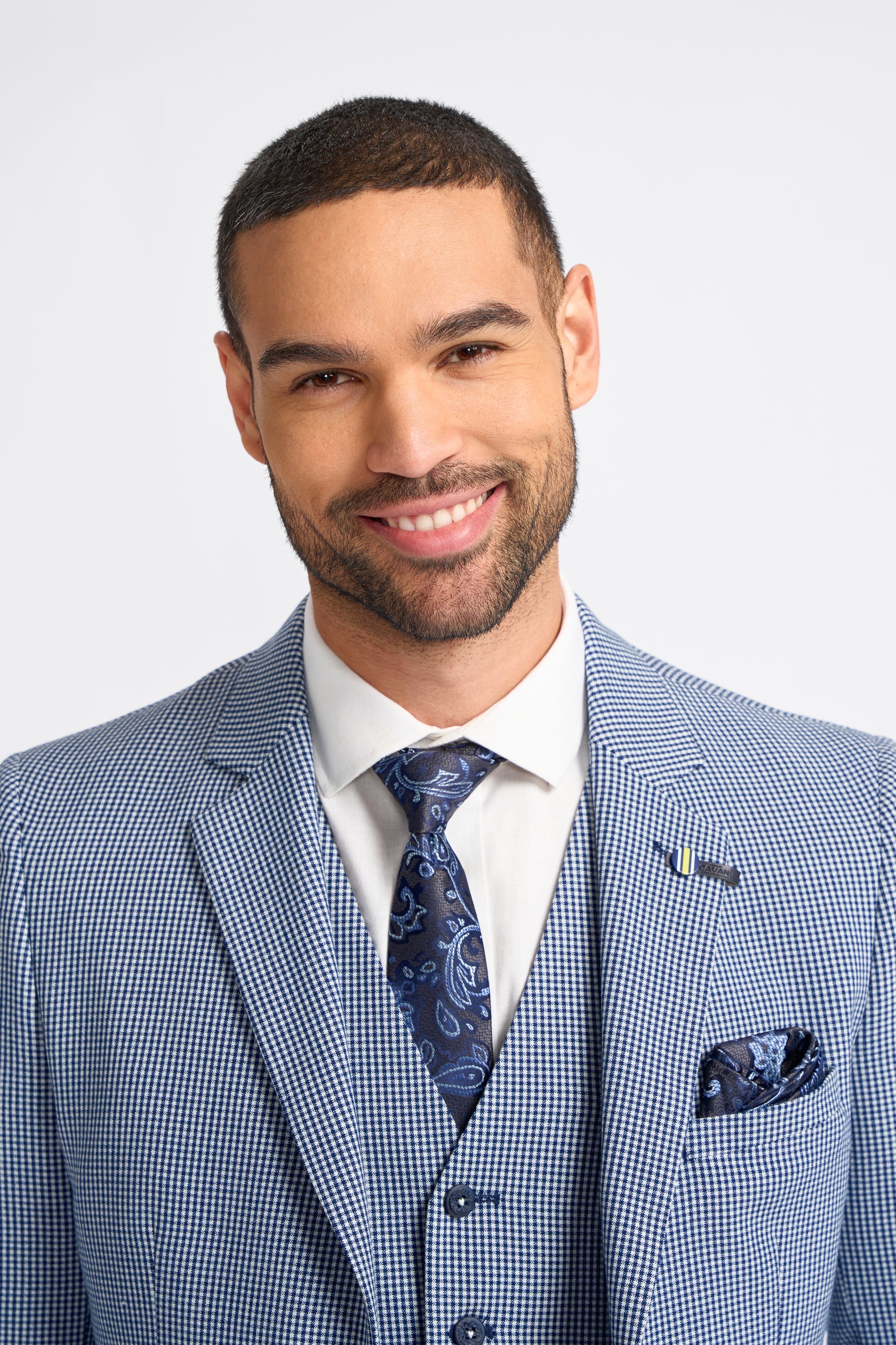 Costume d'été classique à carreaux contrastés gris et marine pour homme Baresi, trois pièces