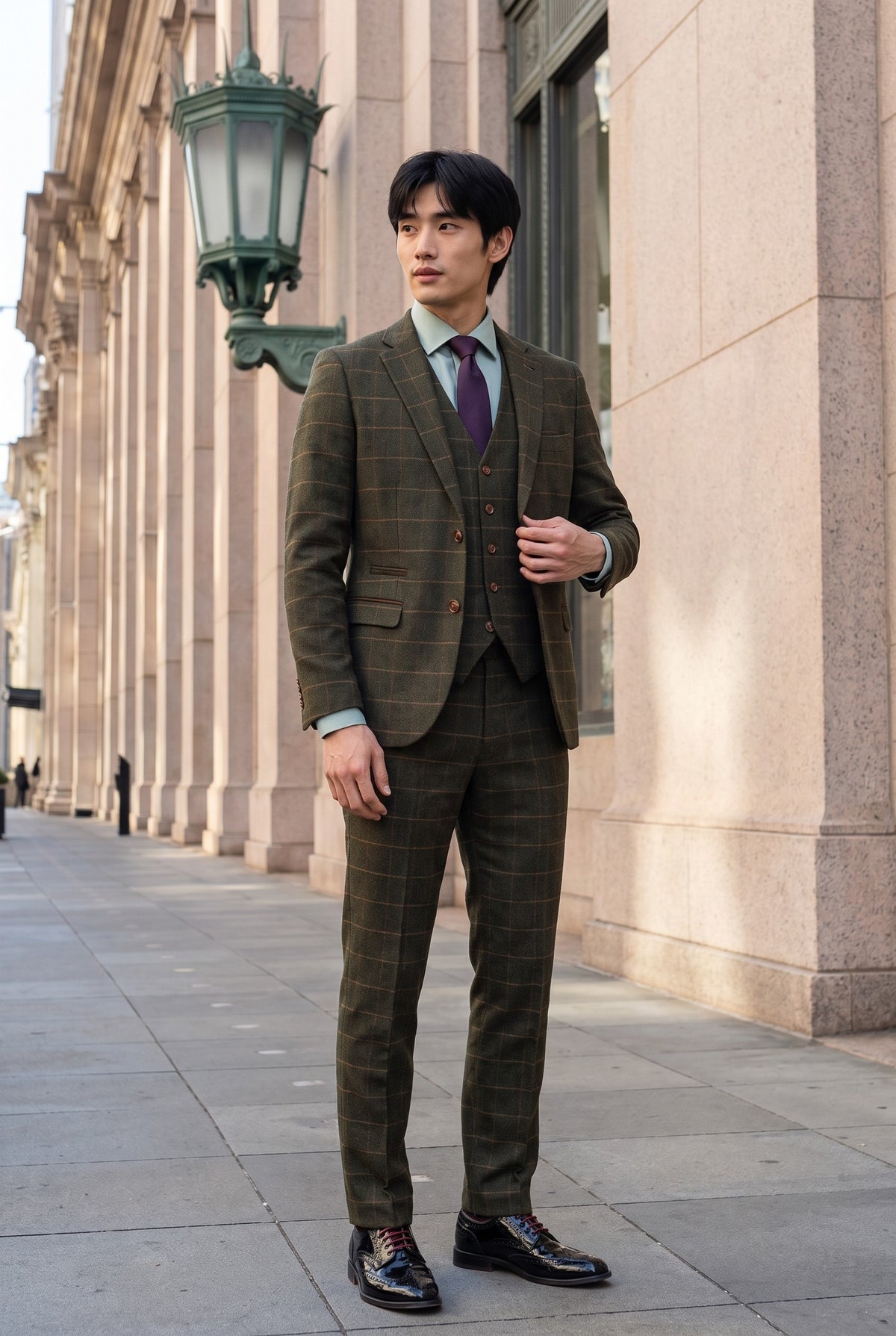 Look #509 styled with Harris - Costume 3 pièces en tweed vert mélangé laine pour homme