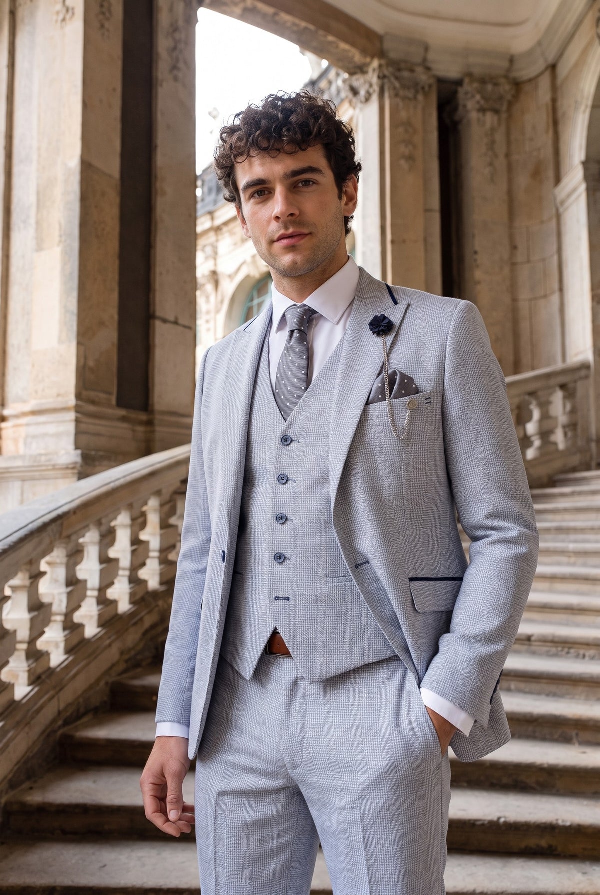 Look #950 styled with Costume trois pièces à carreaux pour homme, en tweed bleu clair, coupe ajustée, style Peaky Classic, idéal pour un mariage.