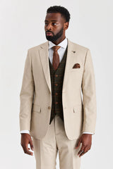 Costume beige Belmont avec gilet en tweed vert Harris