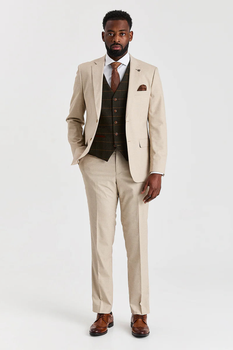 Costume beige Belmont avec gilet en tweed vert Harris