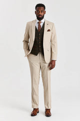 Costume beige Belmont avec gilet en tweed vert Harris