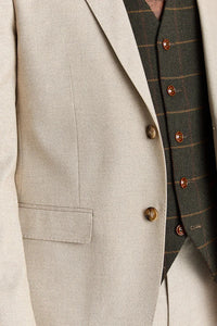 Costume beige Belmont avec gilet en tweed vert Harris