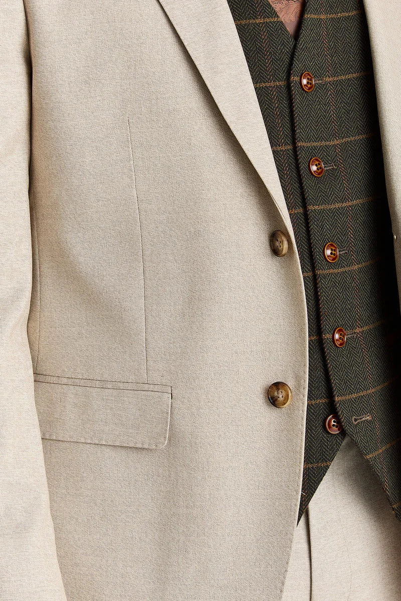 Costume beige Belmont avec gilet en tweed vert Harris