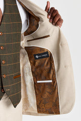 Costume beige Belmont avec gilet en tweed vert Harris