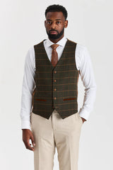 Costume beige Belmont avec gilet en tweed vert Harris
