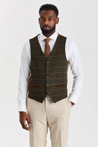 Costume beige Belmont avec gilet en tweed vert Harris