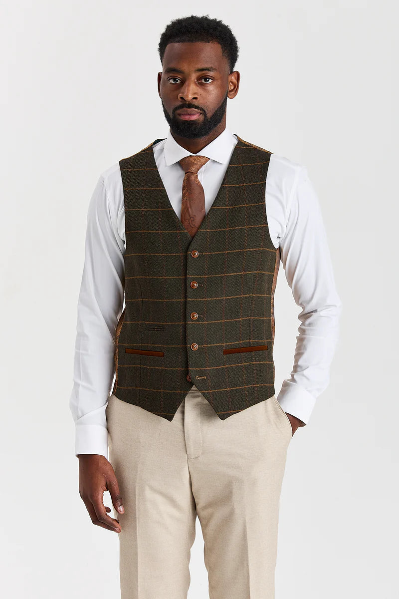 Costume beige Belmont avec gilet en tweed vert Harris