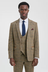 Costume trois pièces pour homme en tweed à chevrons beige et marron à carreaux, coupe ajustée, style classique double