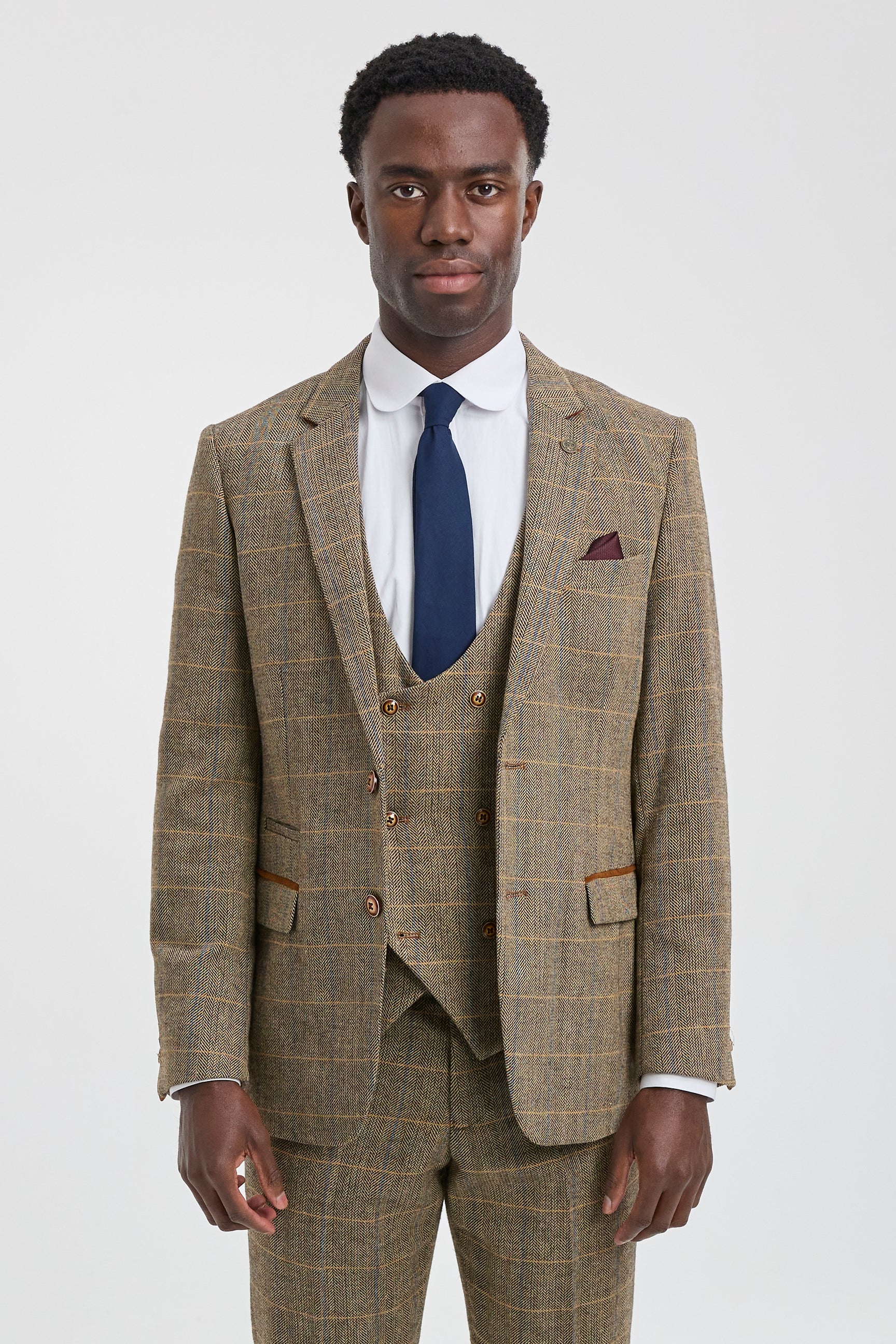 Costume trois pièces pour homme en tweed à chevrons beige et marron à carreaux, coupe ajustée, style classique double