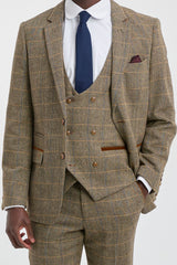 Costume trois pièces pour homme en tweed à chevrons beige et marron à carreaux, coupe ajustée, style classique double