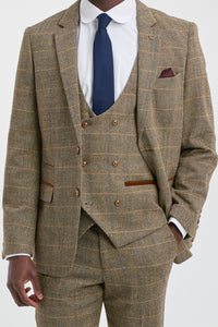 Costume trois pièces pour homme en tweed à chevrons beige et marron à carreaux, coupe ajustée, style classique double