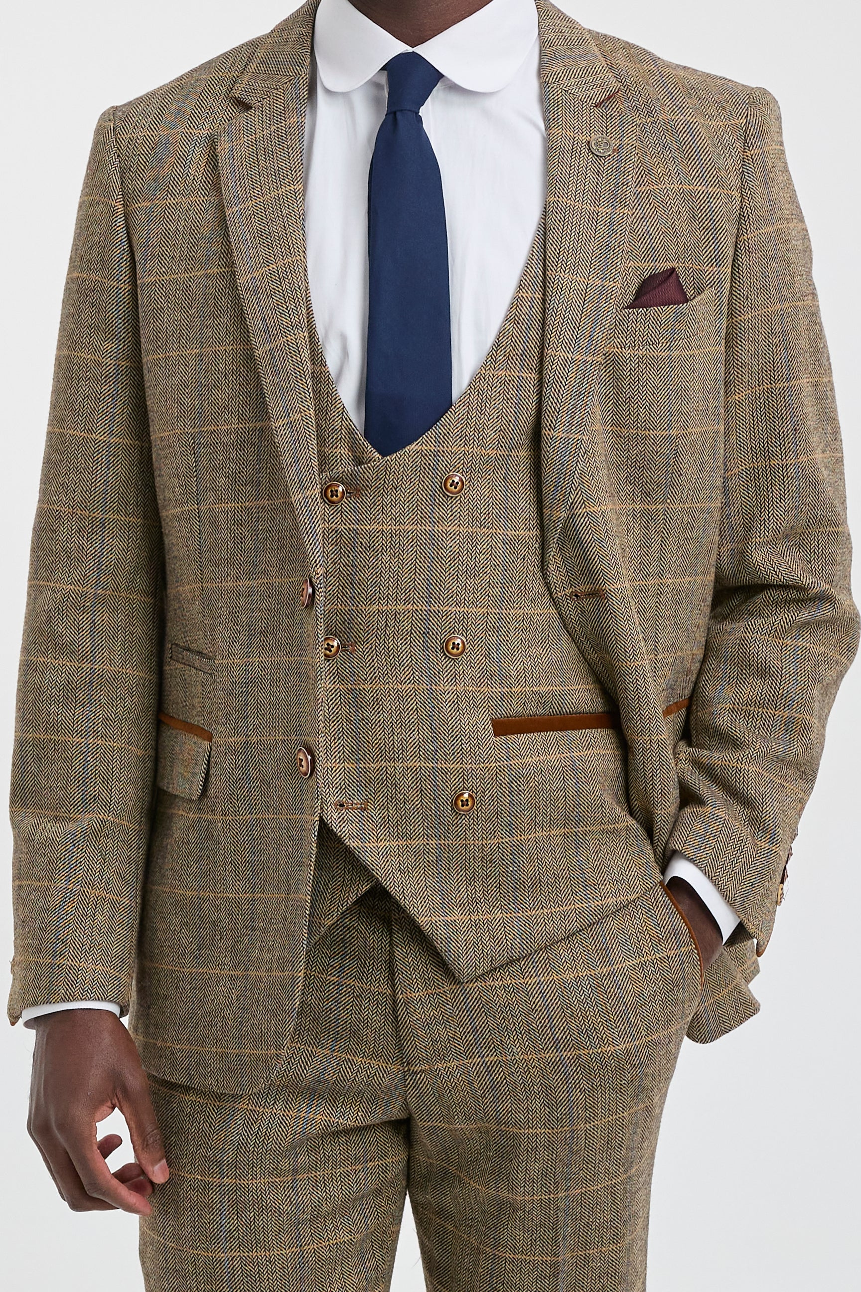 Costume trois pièces pour homme en tweed à chevrons beige et marron à carreaux, coupe ajustée, style classique double