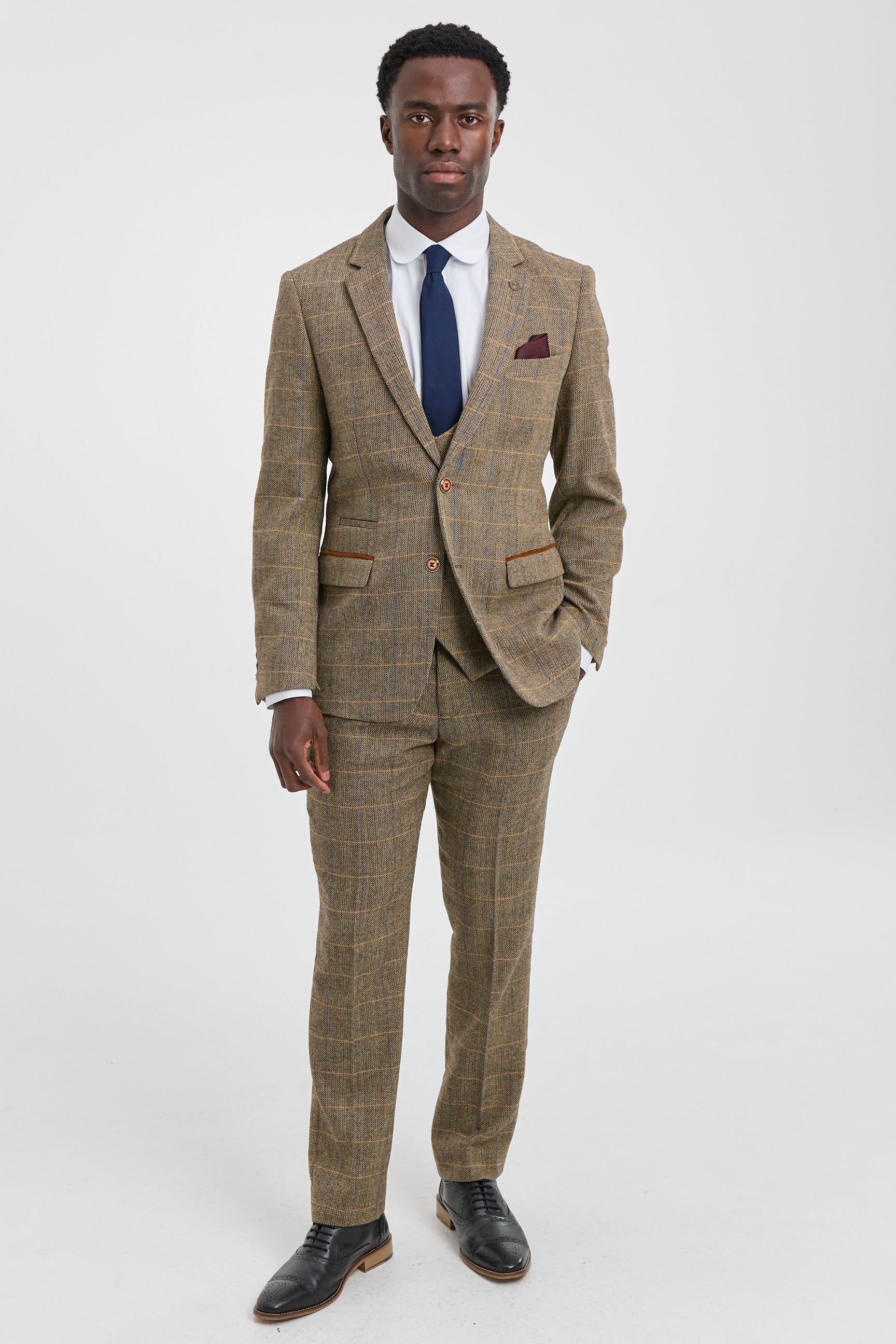 Costume trois pièces pour homme en tweed à chevrons beige et marron à carreaux, coupe ajustée, style classique double