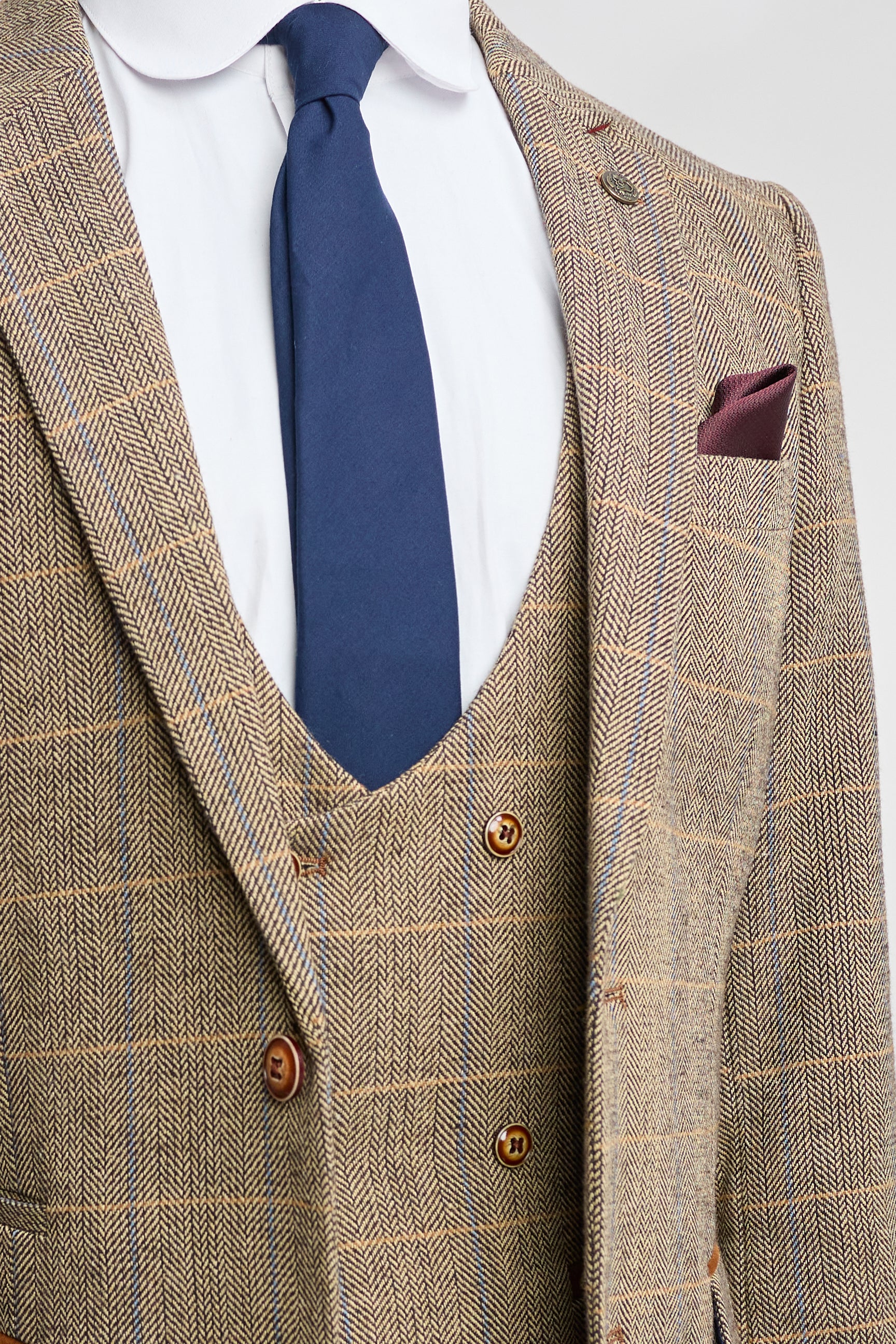 Costume trois pièces pour homme en tweed à chevrons beige et marron à carreaux, coupe ajustée, style classique double