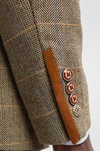 Costume trois pièces pour homme en tweed à chevrons beige et marron à carreaux, coupe ajustée, style classique double