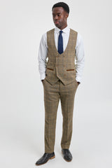 Costume trois pièces pour homme en tweed à chevrons beige et marron à carreaux, coupe ajustée, style classique double