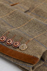 Costume trois pièces pour homme en tweed à chevrons beige et marron à carreaux, coupe ajustée, style classique double