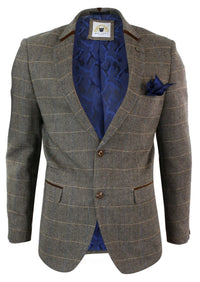 Mens Herringbone Tweed Marc Darcy Tan Brown Slim Fit 2 Button Blazer Check Jacket