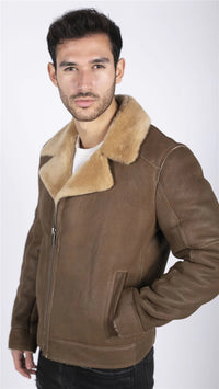 Mens Genuine Sheepskin Leather Cross Zip Flying Aviator Jacket Camel Brown Fur