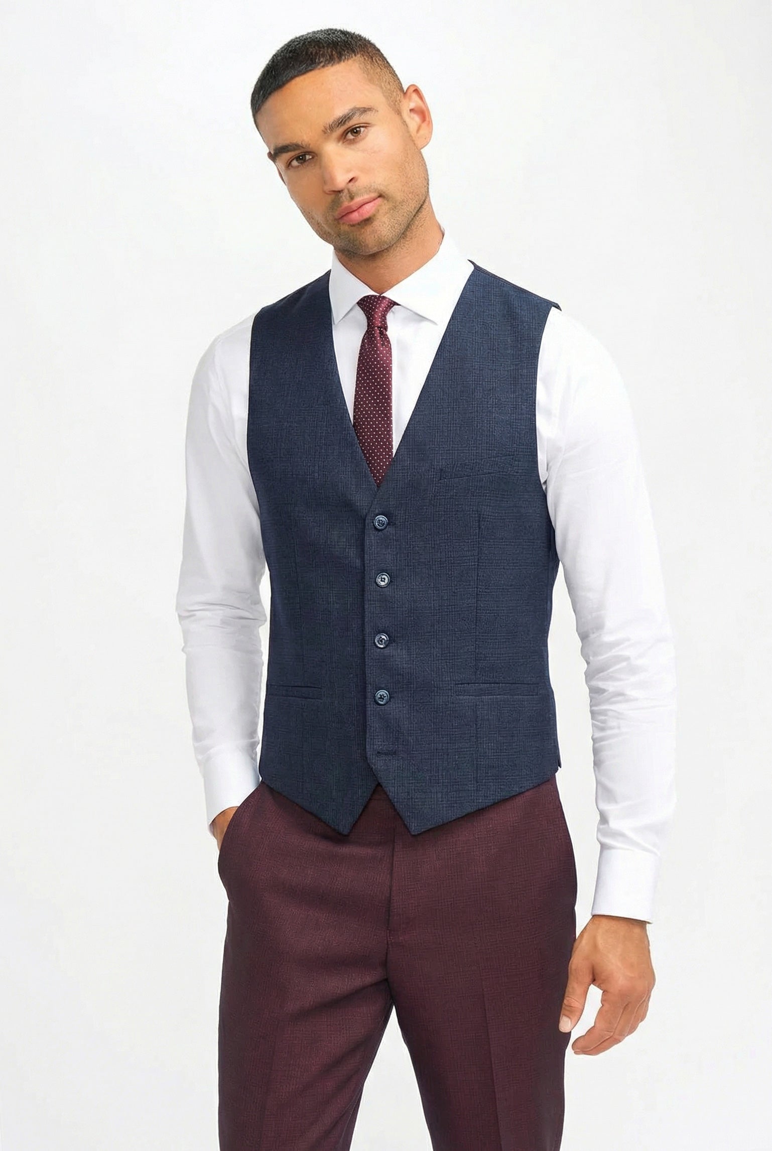 Costume sur mesure bleu ciel à carreaux pour homme avec pantalon bleu marine contrastant