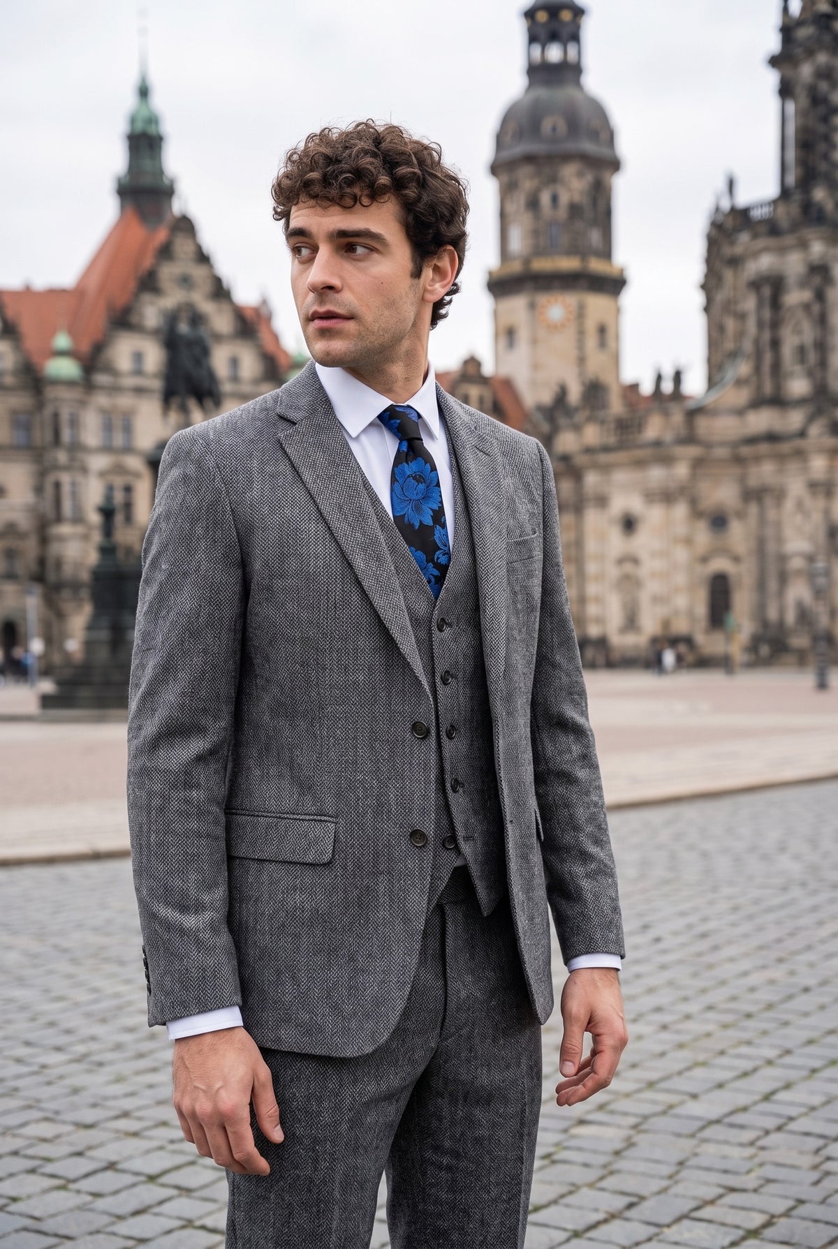Look #974 styled with IM41 - Costume trois pièces en tweed gris à chevrons pour homme
