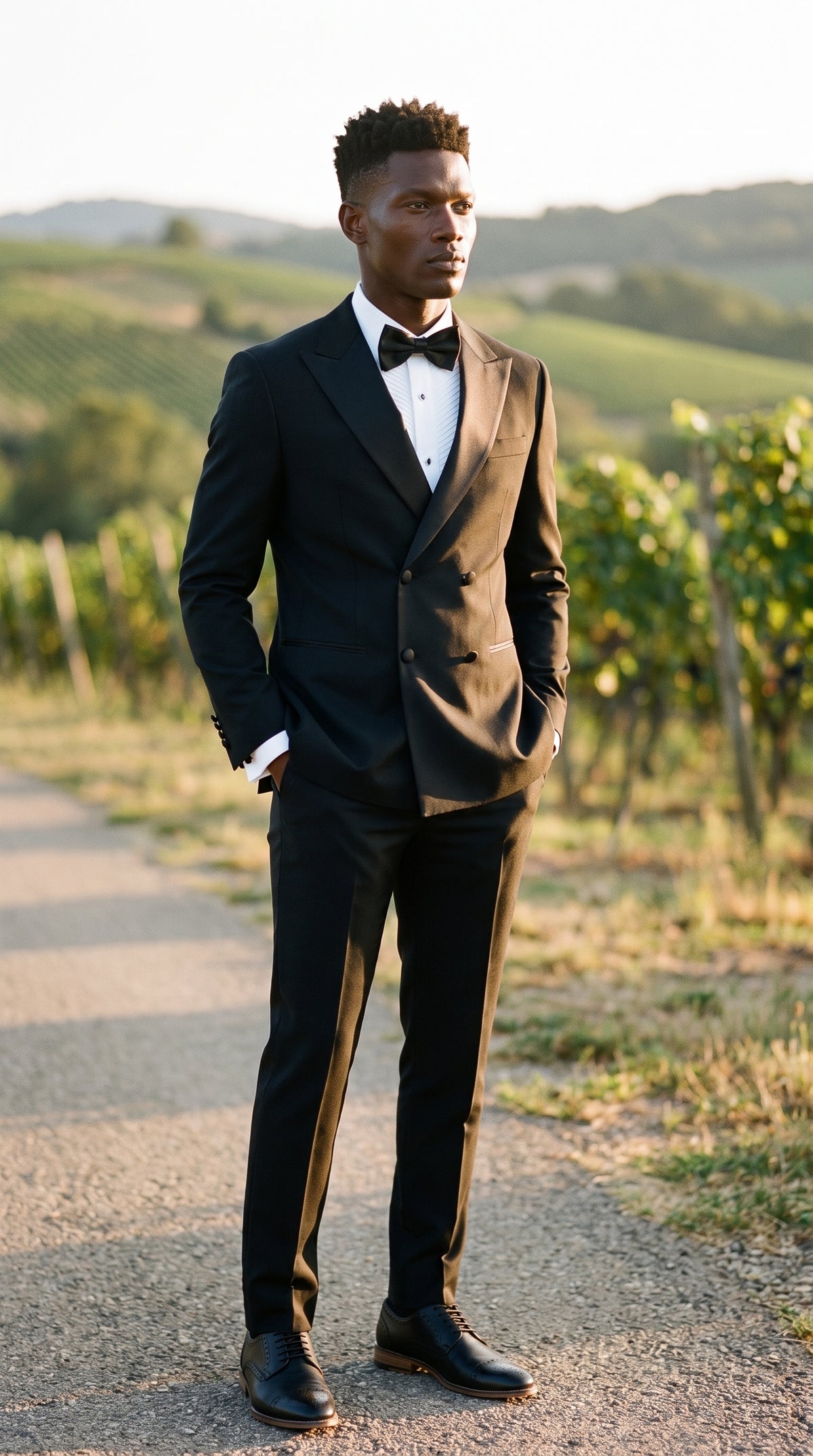 Look #801 styled with Aspen - Costume de smoking noir deux pièces croisé pour homme