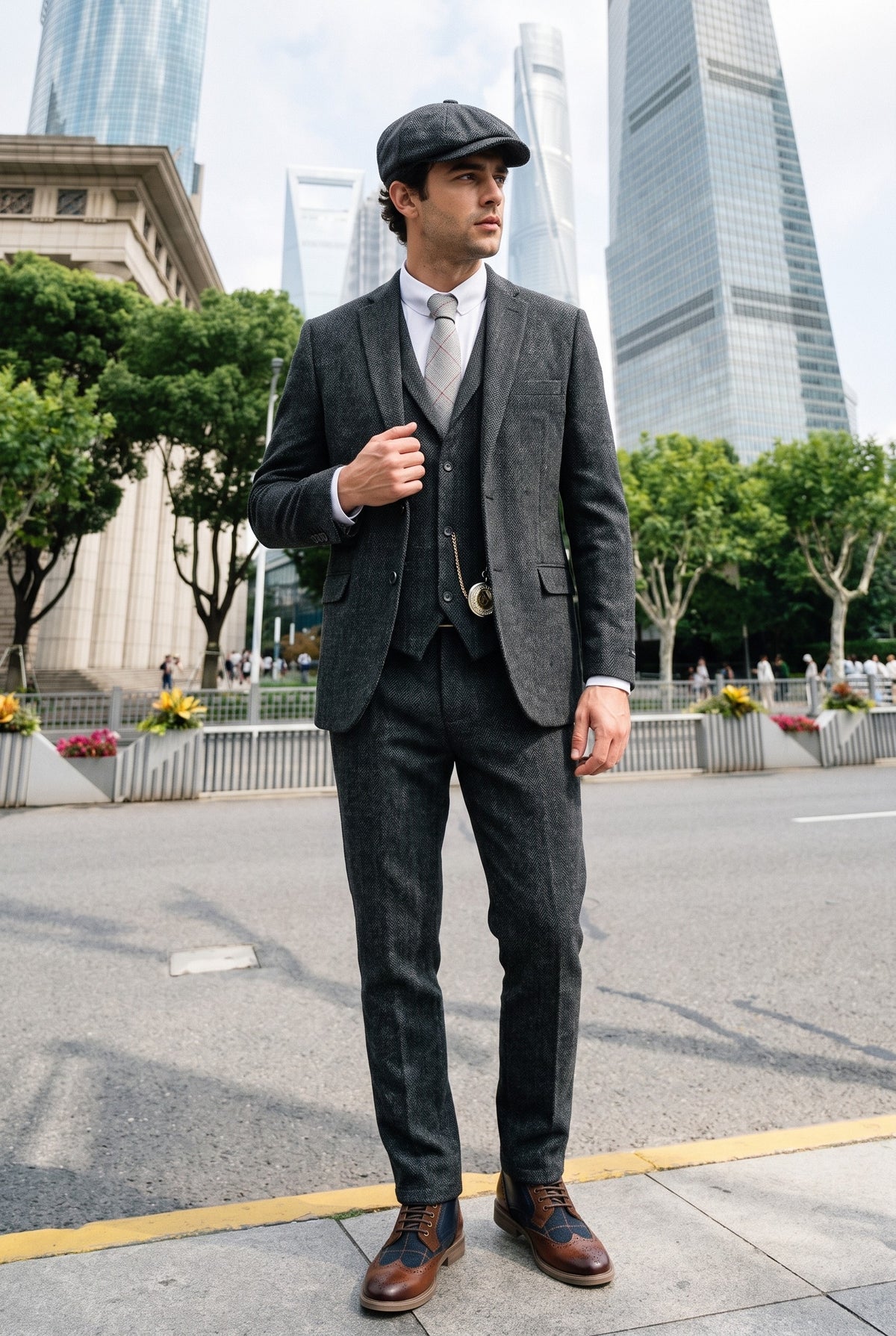 Look #882 styled with Costume trois pièces en tweed à chevrons gris anthracite pour homme - STZ11