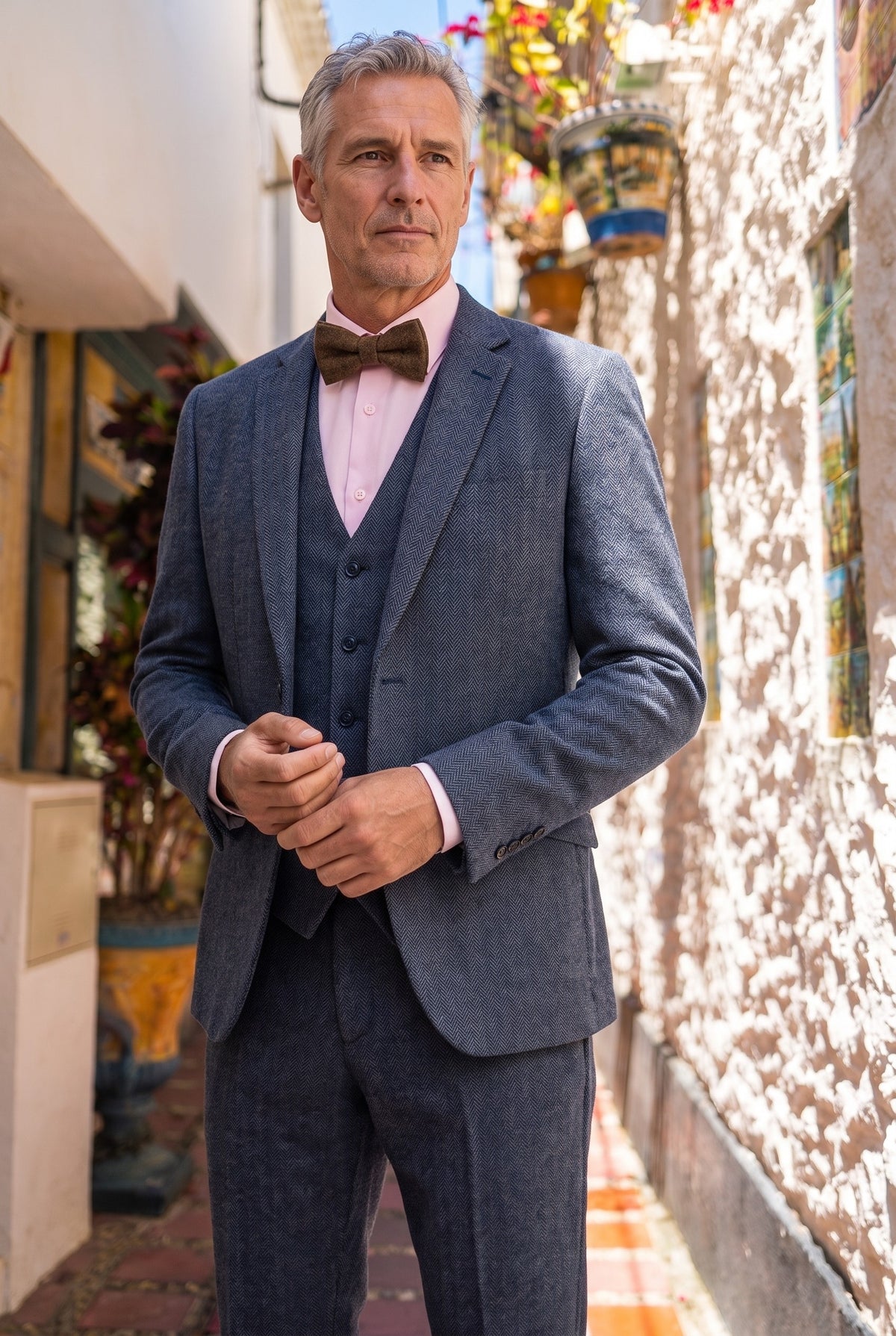 Look #956 styled with Thomas - Costume trois pièces en tweed de laine mélangée bleu marine pour homme